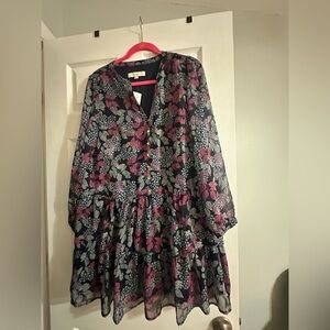 LOFT Navy Dress with Pink and White Floral Design